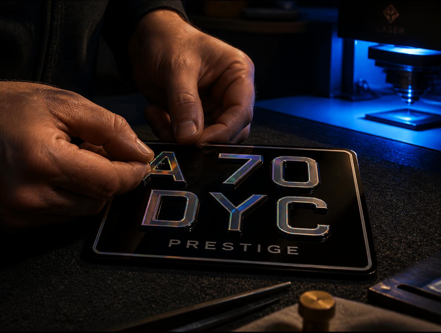 Raised acrylic characters being hand assembled onto a gloss black plate