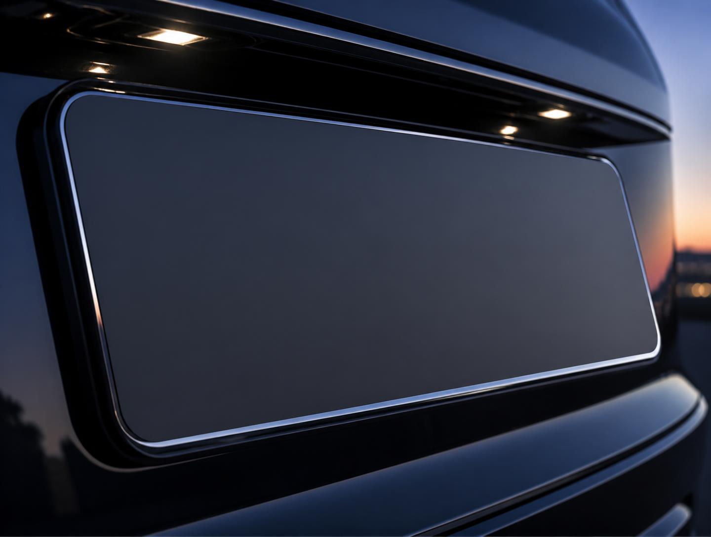 Acrylic number plate fitted to the rear of a dark car at dusk